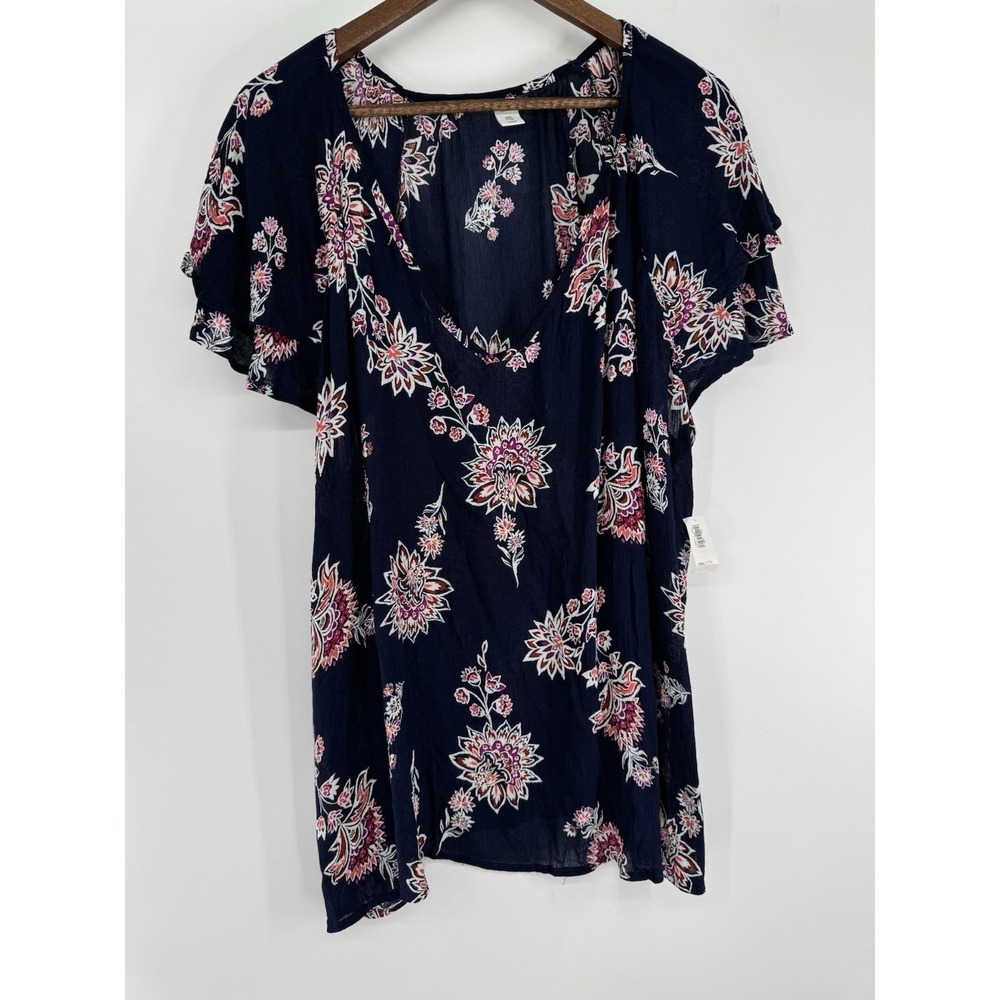 Old‎ Navy Navy Blue Floral V Neck Flutter Short Sleeve Blouse plus 2X NWT gauze